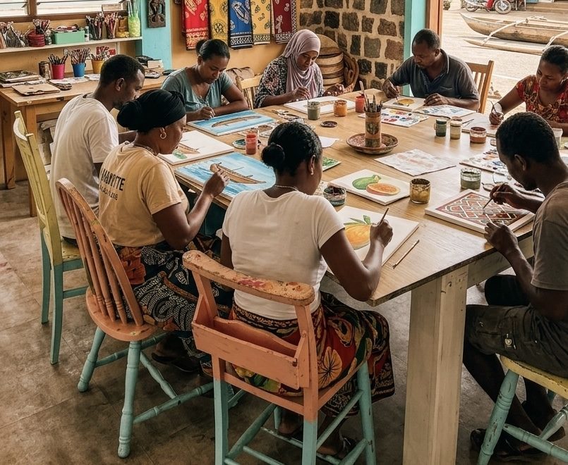 Atelier peinture — groupe autour de la table